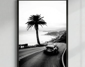 Arte murale con auto d'epoca d'epoca, stampa di strade costiere in bianco e nero, poster con palme e oceano, fotografie di viaggio in California, download digitale