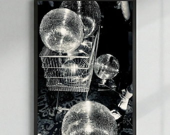 Póster de bola de discoteca en blanco y negro, estilo retro Studio 54, decoración ecléctica para fiestas, descarga digital de fotos de carritos de compra.