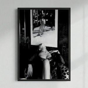 Impression de mode avant-gardiste, impression d'art noir et blanc, décoration léopard de mauvaise humeur, affiche de photographie de femme rétro, boudoir tendance en téléchargement numérique