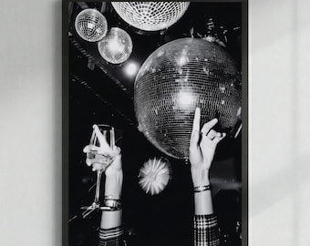 Disco Ball Print, Black and White Party Photo, Digital Download, Retro 70s Wall Art, Nightlife Poster, Bar Cart Decor, Moody Aesthetic