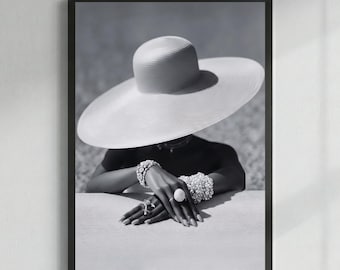 Impression de luxe mode noir et blanc, femme élégante au chapeau, art mural, photo de bijoux, téléchargement numérique, décoration d'intérieur glamour, Art monochrome