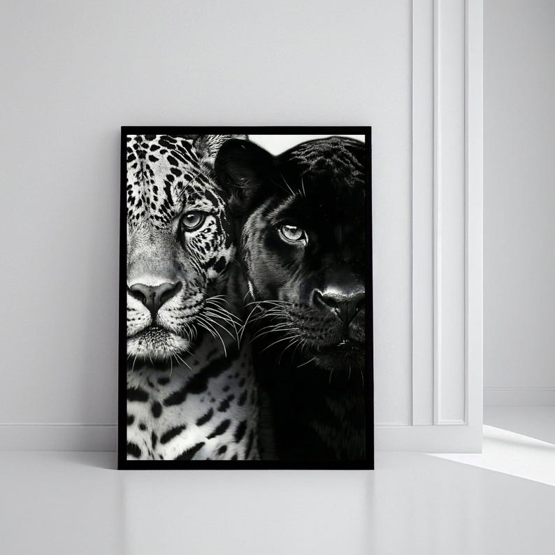 Peut inclure: Impression artistique encadr&eacute;e repr&eacute;sentant un jaguar et une panth&egrave;re noire c&ocirc;te &agrave; c&ocirc;te. Le jaguar est en noir et blanc avec des taches distinctives. La panth&egrave;re est noire. L'&oelig;uvre est affich&eacute;e contre un mur blanc.