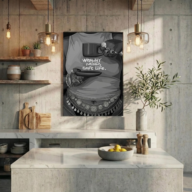 May include: Black and white print of a person holding a cup and saucer. The person is wearing a tank top with the words "WEALTHY MIND, SOFT LIFE." The person is also wearing jewelry.