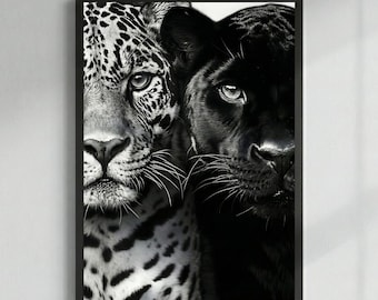 Leopard and Black Panther Print, Wild Animal Portrait, Big Cat Wall Art, Safari Decor, B&W Photography, Digital Download