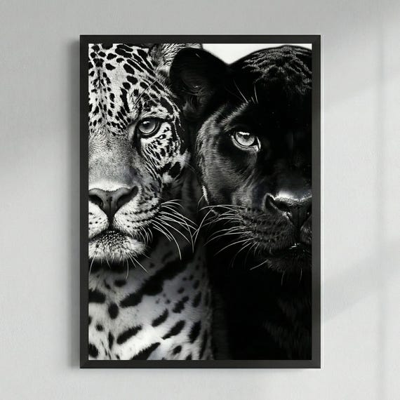 Leopard and Black Panther Print, Wild Animal Portrait, Big Cat Wall Art, Safari Decor, B&W Photography, Digital Download