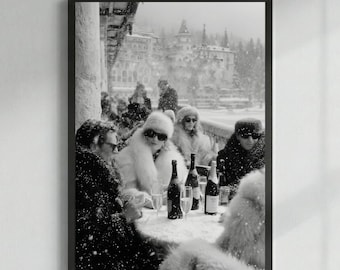 Vintage Après Ski Print, estetyka starych pieniędzy, czarno-biała sztuka szampana, efektowne zimowe zdjęcie, luksusowa dekoracja ścienna ośrodka narciarskiego