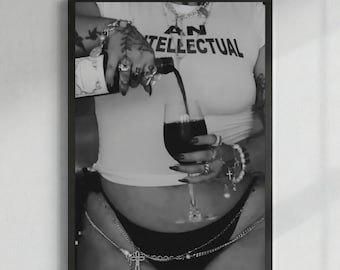 Edgy Wall Art, Baddie Aesthetic Poster, Pouring Wine Print, Black and White Grunge Room Decor, Trendy Bar Cart Art, Y2K Dorm Printable