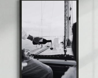 Old Money Wall Art Sailboat Wine Print, Coastal Bar Cart Decor, Luxury Lifestyle Poster, Black and White Nautical Photography Download
