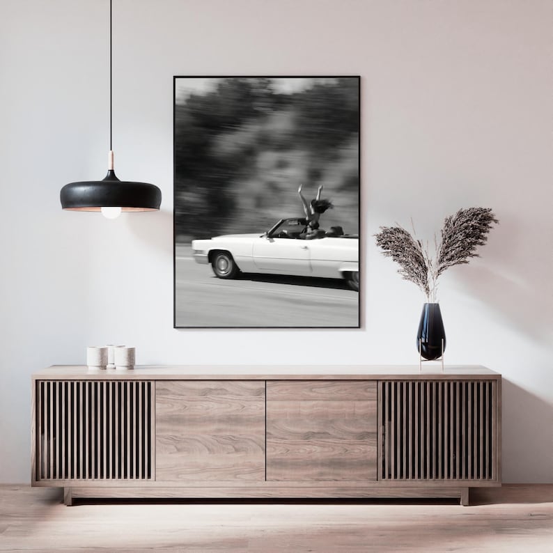 May include: Monochrome framed print showing a white vintage convertible car in motion. A person is standing in the car with arms raised. The background is blurred, indicating speed. The print is above a wooden cabinet.