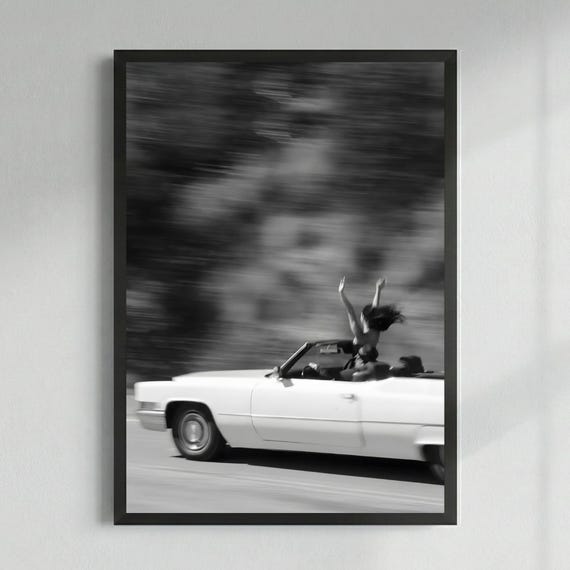 Road Trip Print, Vintage Car Wall Art, Black and White Print, , Freedom Aesthetic, Classic Convertible, Cinematic Large Art,Nostalgia Decor
