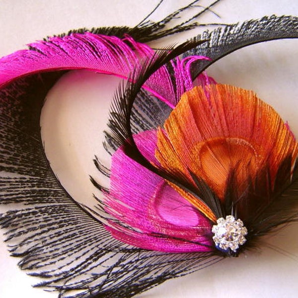 Peacock Feather Hair Clip Sherbert JEZEBEL in Pink, Black and Orange Wedding Party Bridesmaid Maid of Honor