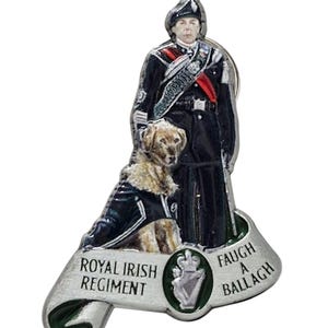 Pode incluir: Um broche de prata com um design de esmalte verde, branco e vermelho. O broche apresenta um soldado com um uniforme preto e um chapéu verde, de pé ao lado de um golden retriever. O broche também inclui um pergaminho com o texto "Royal Irish Regiment" e um brasão com o texto "Faugh a Ballagh".