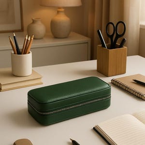 May include: A rectangular, dark green, textured storage case with a silver-toned zip closure running along the centre. The case has rounded corners and a structured, firm appearance, positioned on a flat surface among various office supplies.
