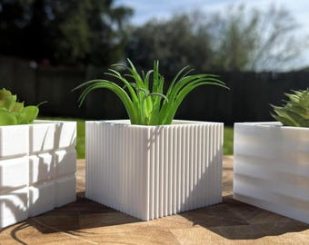 Set of 3 Succulent Planters Square Pots with Geometric Vertical Twisted Designs Small Plant Pots for Desk or Home Decor Contemporary Modern