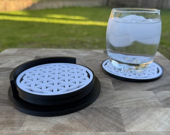 Flower of Life Coaster Set with Holder Sacred Geometry Drink Coasters Unique Spiritual Home Decor Gift for Meditation Yoga Zen Space