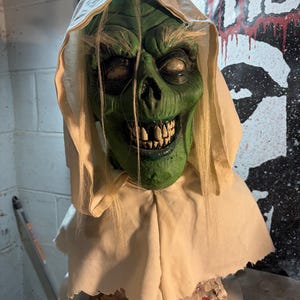 May include: A green monster mask with a white hood and long, stringy hair. The mask has a grotesque, toothy grin and sunken eyes. The mask is likely for Halloween or costume use.