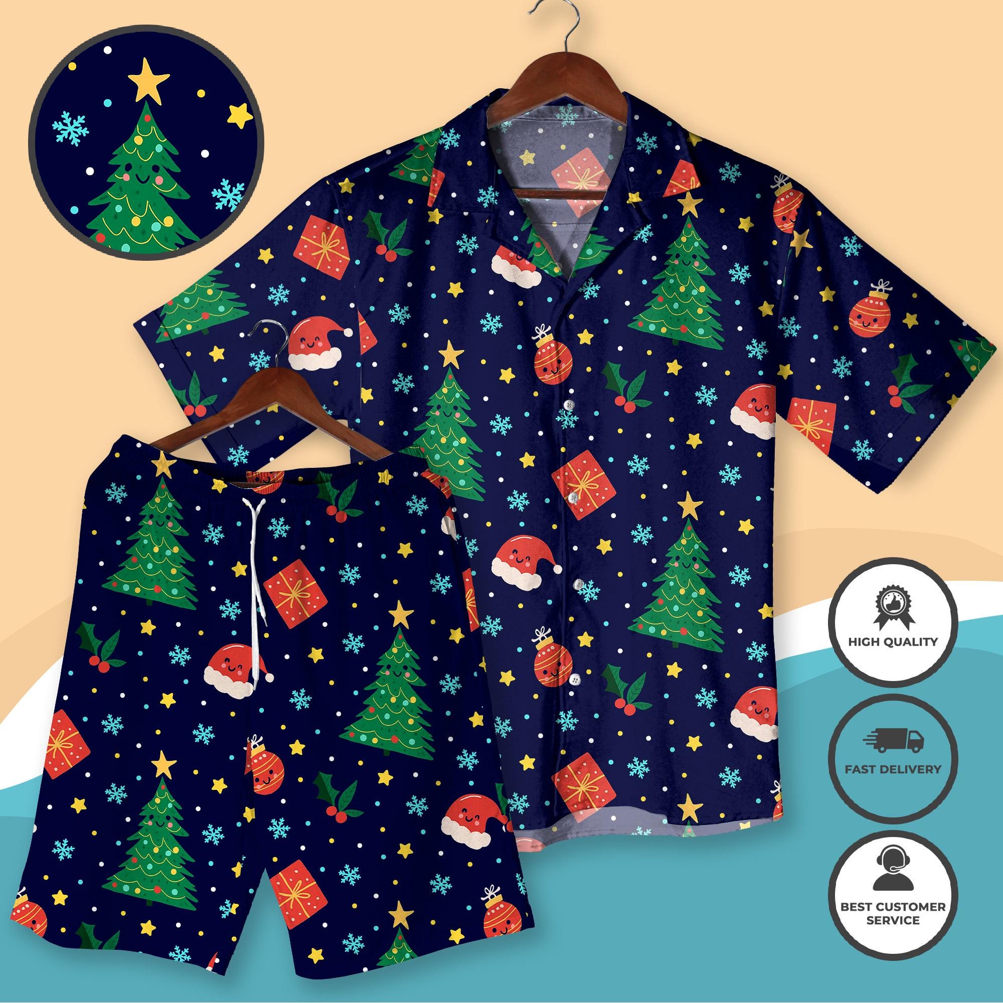 Discover Christmas Hawaiian Shirt and Shorts, Funny Santa Claus Xmas Tree Gift, Print Holiday Vacation Outfit, Xmas Festive Beach Shirt for Men Women