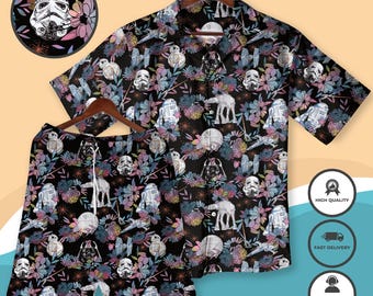Star -Wars Floral Hawaiian Shirt And Shorts Sci-Fi Flower Beach Outfit Trooper Vader R2D2 Tropical Apparel Star - War Summer Vacation Gift