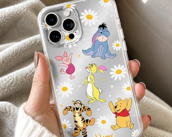 Personalized Winnie the Pooh Phone Case Pooh Bear, Piglet, Tigger, Eeyore Rabbit Floral iPhone Case Custom Name Cute Protective Cover Gift
