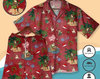Unisex Christmas Hawaiian Shirt Shorts – Tropical Holiday Outfit – Funny Santa Beach Print – Festive Xmas Aloha Clothing – Matching Set