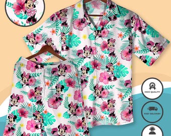 Minnie Hawaiian Shirt and Shorts Minnie Pink Floral Aloha Outfit  Minnie Vacation Beachwear for Women Men Christmas Shirt Gifts Beach Shirt