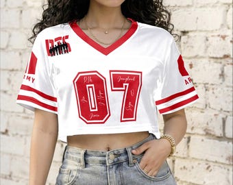 K-Pop BT-S Inspired Crop Top Football Jersey, BT-S Fan Style Cropped Sports Shirt Bangtan Athletic Crop Tee Concert Outfit, Music Lover Gift