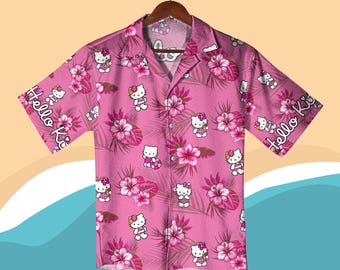 Hello Kitty Valentine Hawaiian Shirt, Pink Floral Hello Kitty Shirt & Shorts, Cute Valentine Outfit, Couples Shirt gifts, Valentine Gift