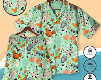 Conjunto de camisa de Mickey y Minnie para Halloween - Camisa y pantalones cortos hawaianos espeluznantes - Camisa de disfraz de momia - Traje a juego para Halloween