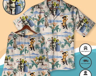 Shrek & Friends Hawaiian Shirt Donkey Puss in Boots Aloha Outfit Funny Cartoon Beach Shirt Shorts Family Vacation Matching Movie Fan Gift