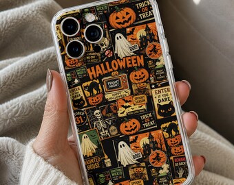 Halloween Ghost Pumpkin Phone Case, Personalized Name Ghost Pumpkin Cover, Spooky Cute Collage Phone Armor, Autumn Phone Case Gift for Her