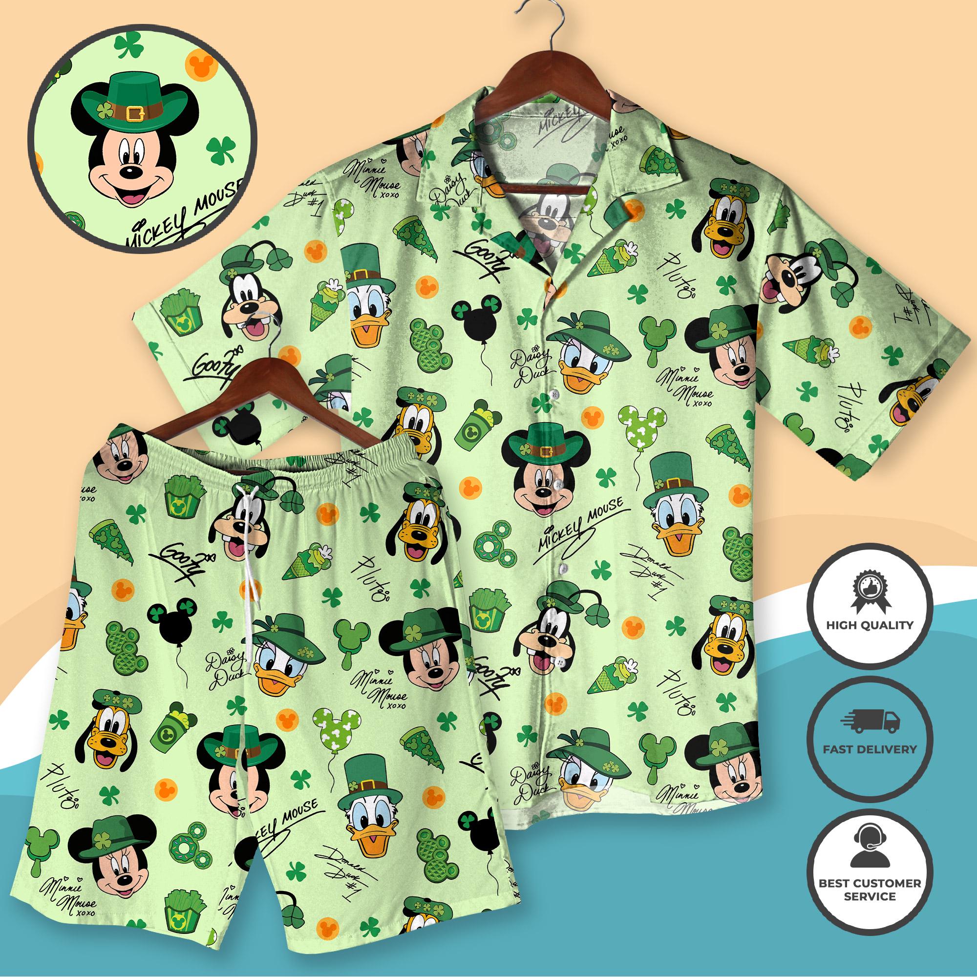 Discover St Patricks Day Mickey Mouse and Friends Hawaiian Shirt and Short, Minnie Donald Goofy Pluto Shamrock Aloha Button Down Shirt, Mickey Shirt