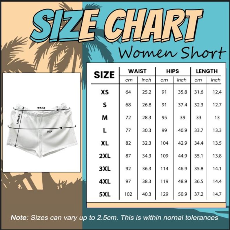 K&ouml;nnte beinhalten: Eine wei&szlig;e Damenshorts mit Ma&szlig;en f&uuml;r Taille, H&uuml;fte und L&auml;nge in Zentimetern und Zoll. Die Gr&ouml;&szlig;entabelle umfasst die Gr&ouml;&szlig;en XS bis 5XL. Das Bild enth&auml;lt auch den Text "SIZE CHART Women Short".