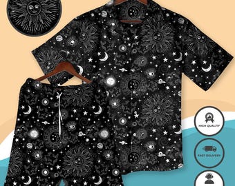 Celestial Hawaiian Shirt Sun Moon Stars Cosmos Print Women Hawaiian Shirt Mens Button Down Summer Beach Outfit Astrology Lover Gift