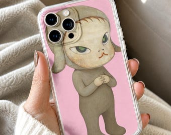 Cute Art Girl Phone Case, Japanese Pop Art Aesthetic Phone Cover for iPhone Samsung, Pastel Pink Dog Costume Cover, Gift for Her