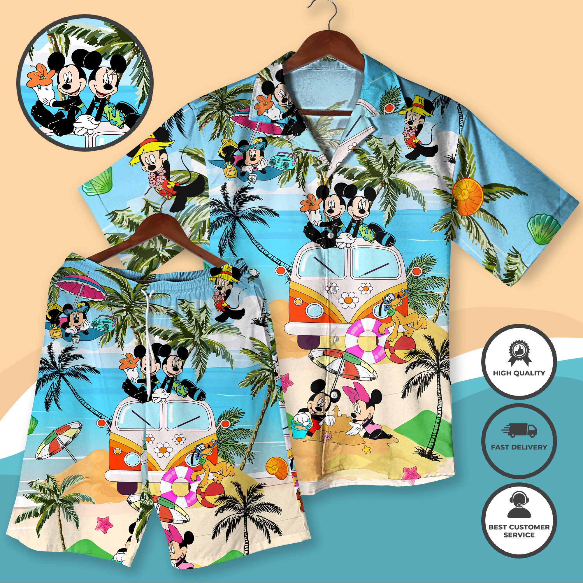 Discover Mickey Minnie Hawaiian Shirt and Short, Valentine Matching Couple Shirt, Love Heart Aloha Shirt, Matching Valentine Outfit Gift
