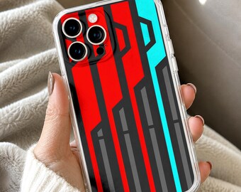 Cyberpunk Stripe Phone Case, Futuristic Mecha Armor Tough Cover, Neon Red Cyan Geometric Phone Cover, Shockproof Phoen case Gift for Him