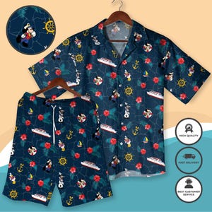 Mickey Mouse Captain Hawaiian Shirt And Shorts Set Miceky Cruise Outfit Nautical Beach Apparel Sailor Mickey Vacation Wear Family Trip