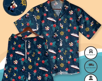 Mickey Mouse Captain Hawaiian Shirt And Shorts Set Miceky Cruise Outfit Nautical Beach Apparel Sailor Mickey Vacation Wear Family Trip