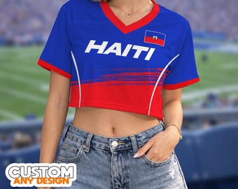 Haiti Team Crop Top Jersey Custom Name and Number Soccer Shirt  Personalized Haitian Pride Fan Gear Women’s Gameday Fashion Cute Cropped Top
