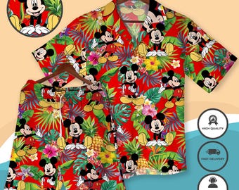 Christmas Mickey Red Hawaiian Shirt Holiday Vacation Outfit Santa Claus Mickey Button Down & Shorts Festive Xmas Matching Shirt Gifts