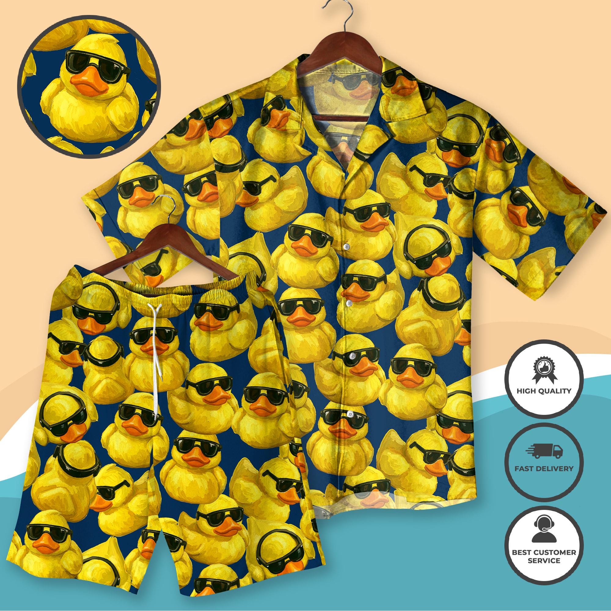 Discover Funny Duck Hawaiian Shirt and Short, Tropical Cruise Vacation Button Up Shirt, Beach Summer Shirt, Cartoon Duck Aloha Shirt Gift