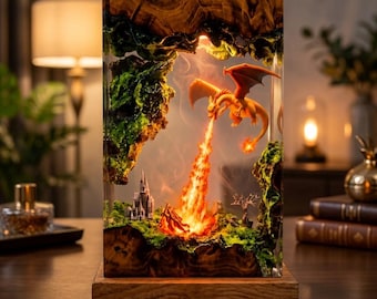 Charizard Resin Lamp, Handmade Epoxy Wood Dragon Night Light, Fire Breathing Charizard Figurine, Fantasy Gaming Desk Decor, Gamer Gift