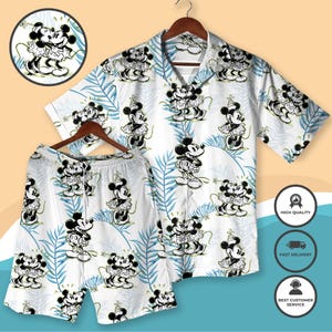 Minnie Maus Hawaii Hemd & Shorts – Cartoon Urlaub Outfit, Süßes Sommer legeres Outfit, Unisex Bademode, Strand Shirt, Sommer T-Shirt