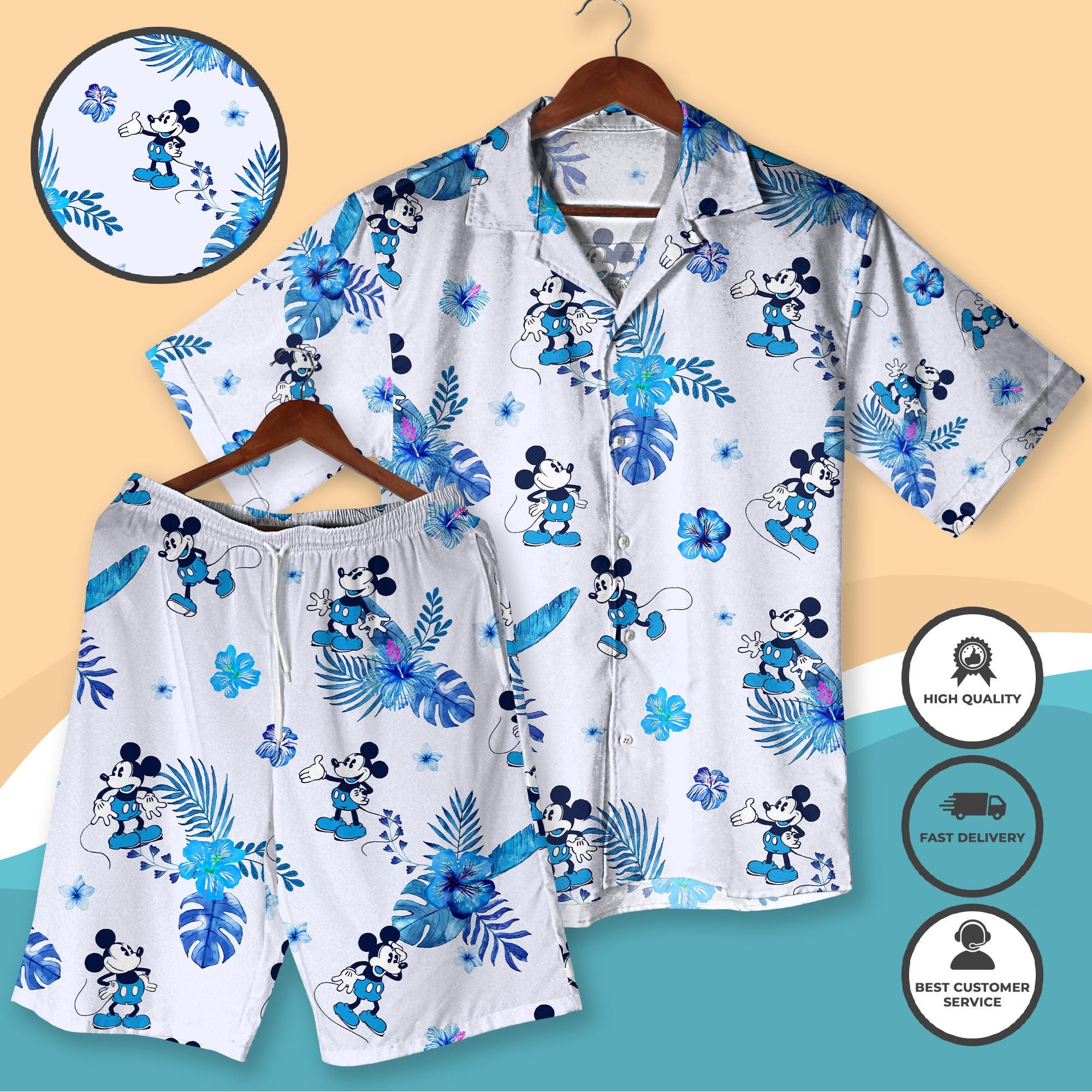 Discover Mickey Hawaiian Shirt and Shorts, Tropical Cartoon Button Up, Cute Summer Vacation Outfit Beach Aloha Matching Shirt, Mickey Christmas Shirt Gift