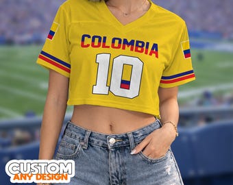 Custom Crop Top Football Jersey, Personalized Name Number Shirt, Yellow Colombia Crop Jersey, Women Game Day Top, Custom Name Shirt