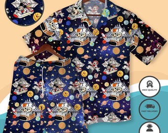 Space Theme Mickey Minnie Hawaiian Shirt Funny Galaxy Print Shirt Cartoon Astronaut Outfit Men, Cosmic Party Mickey Minnie Vacation Clothing