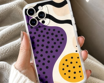 Abstract Art Phone Case, Modern Boho Geometric Polka Dot Tough Cover, Retro Purple Yellow Phone Armor, Gift for Her