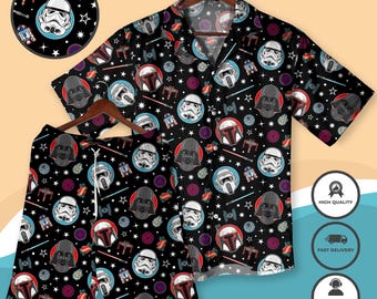 Galaxy Print Button Down Shirt and Shorts Women Men's Summer Button Down Shirt & Shorts Galaxy Character Loungewear Gift Beach Shirt