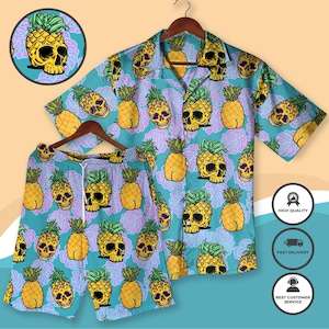 Pineapple Skull Hawaiian Shirt Tropical Goth Summer Outfit Edgy Aesthetic Button Down Shirts Vacation Shirt for Men Women Halloween Shirt