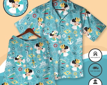 Tropical Mickey Cruise Cartoon Shirt Set – Summer Beach Hawaiian Outfit Cute Mickey Mouse for Vacation, Family Trips Matching Cruise Wear